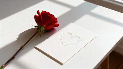 Red rose placed beside embossed heart card on a bright table, capturing a romantic ambiance with soft sunlight illuminating the scene, perfect for expressing love and affection in various contexts