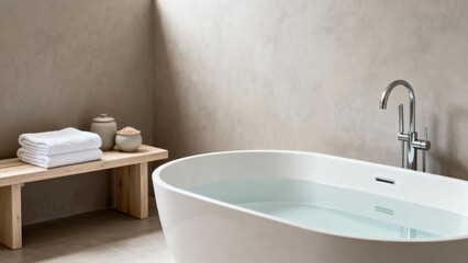 Modern bathroom featuring a sleek white freestanding bathtub filled with water, accompanied by neatly stacked towels on a wooden bench, creating a serene and inviting atmosphere for relaxation