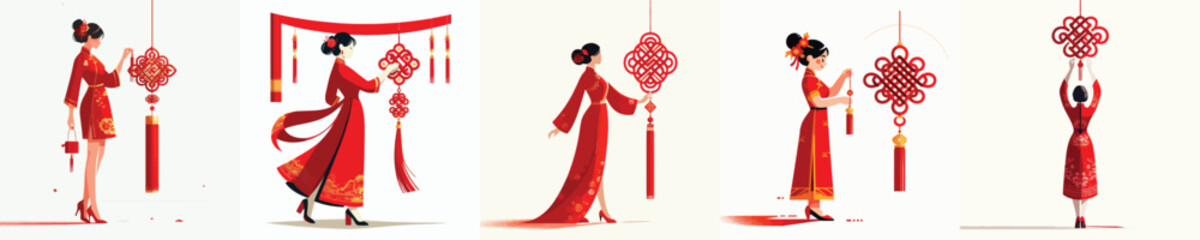 vector of a woman standing while hanging Chinese New Year knot decorations