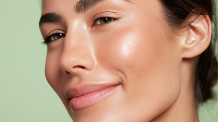 Obraz premium Extreme close up of cheek with natural oily glow sheen on smooth skin showing healthy complexion and subtle smile on female face with brown eyes and dark hair