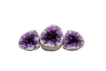 Exquisite cluster of purple amethyst geodes showcased with subtle luminous presentation