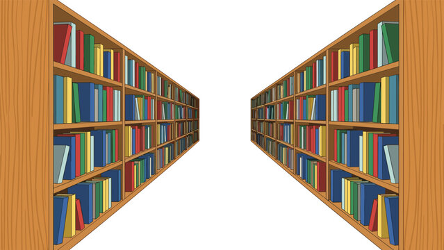 Immersive perspective view of a long library aisle featuring two parallel rows of tall wooden bookshelves, densely packed with colorful books, symbolizing knowledge and education.