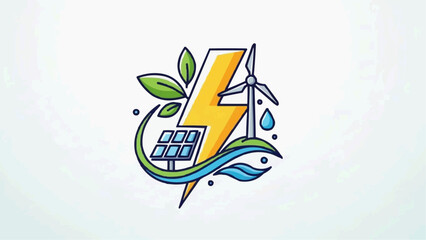 Obraz premium Sustainable Energy Concept with Solar Panel, Wind Turbine, Leaf, and Water Wave Graphic Illustration for Eco-Friendly Technology
