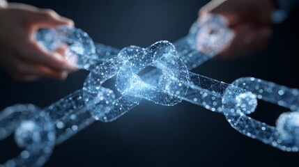 Close-up of hands connecting a glowing, digital chain with interconnected nodes, symbolizing blockchain or data connection. Dark background