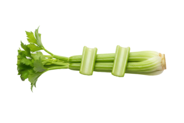 Fresh celery stalks with sliced pieces tied together over a gradient green surface