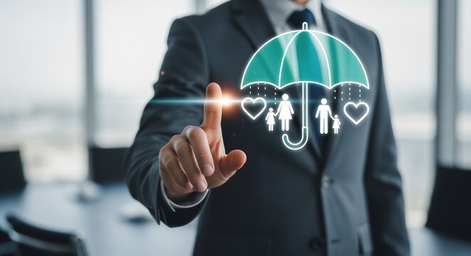 Businessman protecting holographic family under umbrella, visualizing life insurance coverage, social security, financial safety, and future risk management plan.