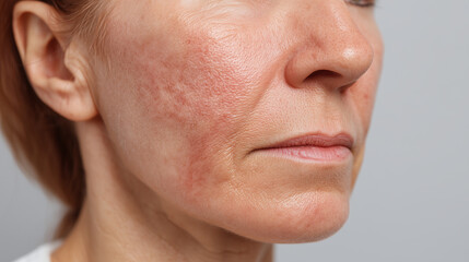 Obraz premium Close up of middle aged woman with redness and acne scars on cheek showing skin texture and natural complexion