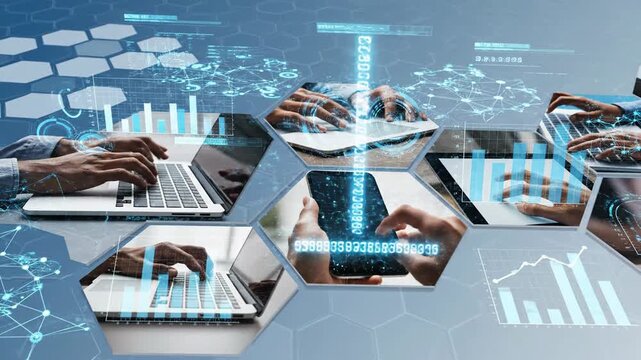 Abstract digital technology collage with hands using devices and data visualization