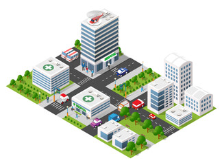 Isometric hospital city layout showing multiple medical buildings, ambulances, a helipad, and staff providing comprehensive healthcare services