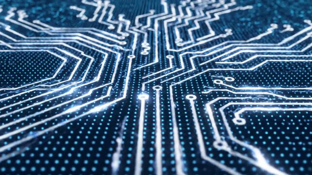 Abstract electronic circuit board pattern with glowing lines on a dark background