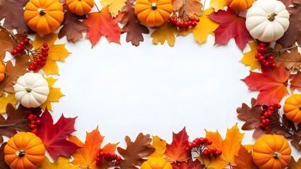 Autumnal border with colorful fall leaves, mini pumpkins, and red berries on white background