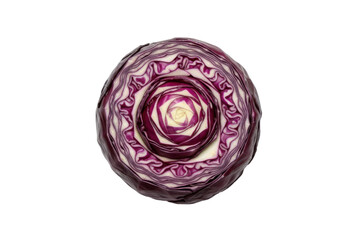 Intricate radial pattern of a halved red cabbage revealing its vibrant purple hues and layered