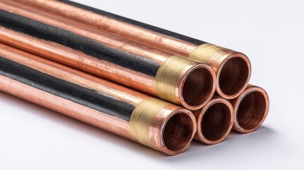 Fototapeta premium Close-up studio shot of several copper pipes, neatly arranged and showcasing their polished, metallic texture against a clean white backdrop