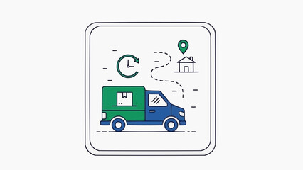 Efficient package delivery service with real-time tracking illustration, showcasing fast and reliable shipping logistics from dispatch to customer home with time and location indicators