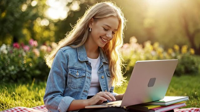 smiling caucasian student girl using laptop in park on sunny summer day. online education and remote work concept. young freelancer sitting on grass with books. 