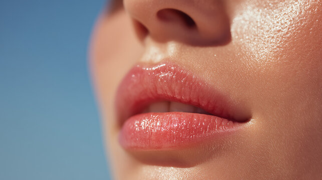 Glossy lips and glowing cheek close up with natural moisture on smooth skin under soft light, highlighting healthy and hydrated facial features in serene setting