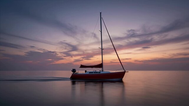 Red sailboat gliding at dusk on calm ocean waters under colorful sky
