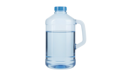A clear plastic container, full of water, sits against a black background. The container has a blue cap and a handle