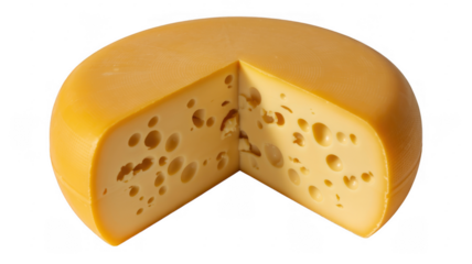 A cut wheel of Emmental cheese isolated on a transparent background