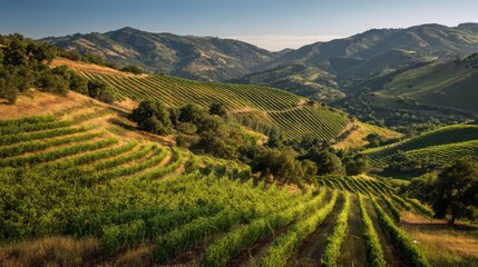 Expansive view of a hillside vineyard. Rows of grapevines cascade down the slope towards distant mountains under a clear blue sky