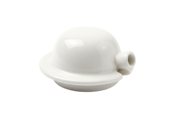 Minimalist white ceramic object with a circular shape and a tubular attachment, isolated