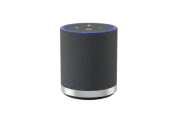 Modern cylindrical audio device with illuminated accents and user interface buttons