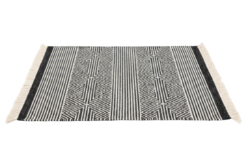 Modern Black and White Geometric Patterned Rug with Fringe Detail