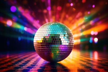 Obraz premium Disco ball reflecting vibrant party lights on a patterned dance floor