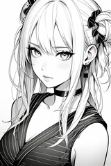 Coloring picture of a young woman black and white line drawing anime.