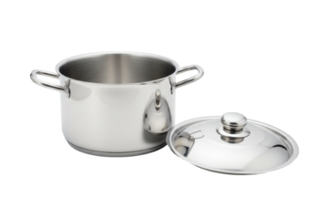 Modern Stainless Steel Stock Pot with Lid Reflected on a Smooth Surface