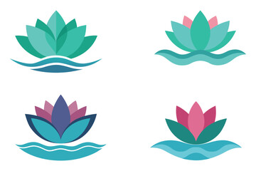 Fototapeta premium Colorful Lotus Flower Illustrations Floating on Water Icons Set