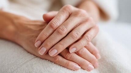 Close up of hands loosely clasped together showing natural skin texture and nails resting on soft fabric, conveying calmness and relaxation