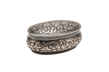 Ornate silver jewelry box with floral engravings reflecting antique craftsmanship elegantly