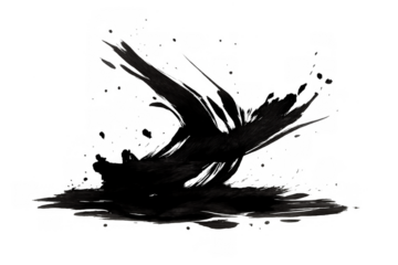 Black ink splash with energetic brush stroke and splatter, abstract art element on transparent background