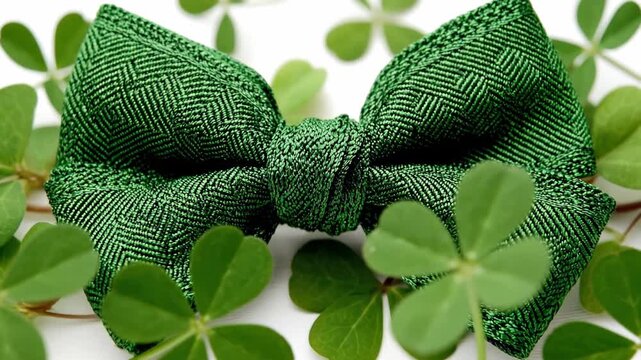 Green textured bow tie and lucky shamrocks on white background for St. Patrick's Day celebration