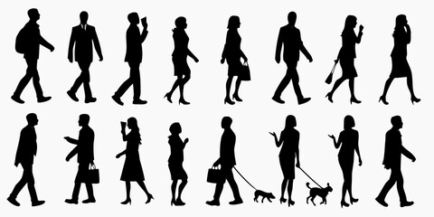 Silhouettes of people walking depicting various poses and everyday activities