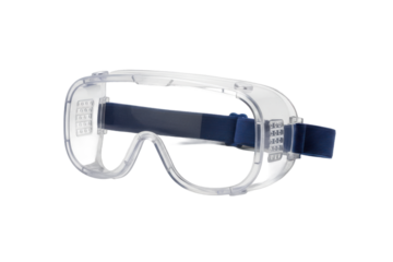 Protective Eyewear: Transparent Safety Goggles with Blue Straps on a Neutral Surface