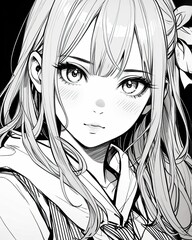 Coloring picture of a young woman black and white line drawing anime.