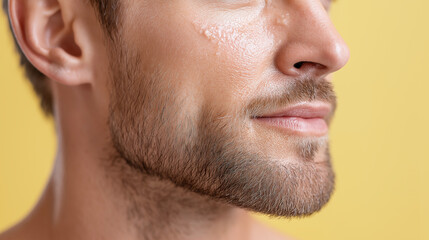 Obraz premium Hydrated skin close up of man face with reflective dewiness and natural beard on yellow background showing healthy and fresh complexion with smooth texture and soft light