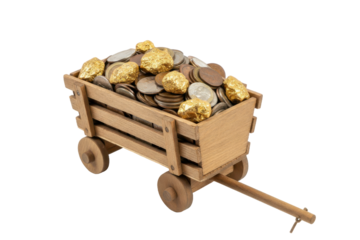 Rustic wooden cart overflowing with precious gold nuggets and a wealth of assorted coins