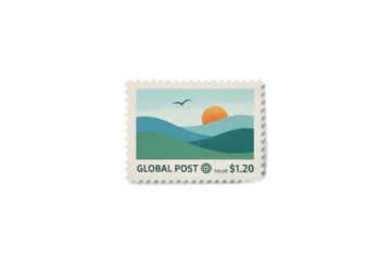 Scenic stamp depicts tranquil landscape with a setting sun and soaring bird