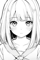 Coloring picture of a young woman black and white line drawing anime.