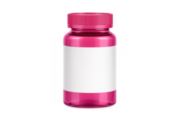 Pink medicine bottle with blank white label, medical supplement container, pharmacy product mockup on transparent background