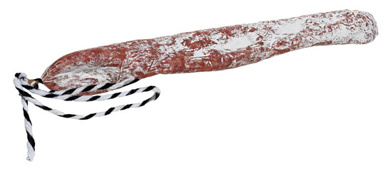 Dry-cured sausage in white mold with a rope on an isolated background