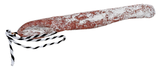 Dry-cured sausage in white mold with a rope on an isolated background