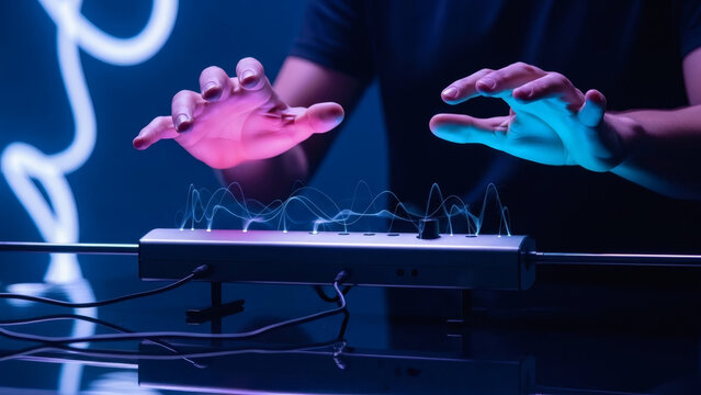 Hands manipulate invisible electric fields to create music with a theremin.