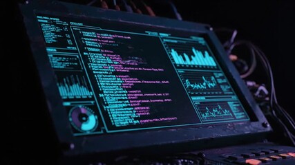 Computer screen displaying complex coding and data analysis in dimly lit environment - Powered by Adobe