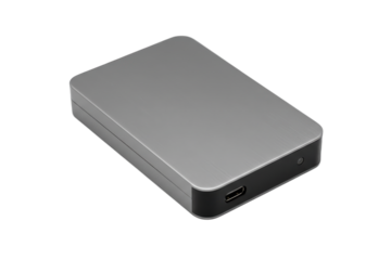 Sleek portable external hard drive with a USB port and indicator light on a subtle gray surface