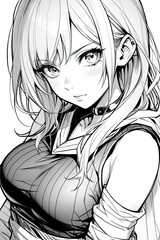 Coloring picture of a young woman black and white line drawing anime.