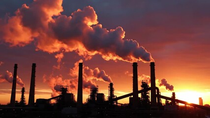 Industrial factory smokestacks emitting smoke against a dramatic sunset sky, symbolizing pollution.